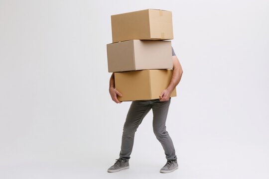 The Moving Boxes Carried by a Person in a Minimal White Studio
