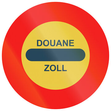 Historic Latvian road sign from 1938 - Bilingual customs checkpoint in French and German