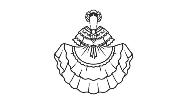 A detailed black and white line art illustration of a traditional Panamanian Pollera dress.