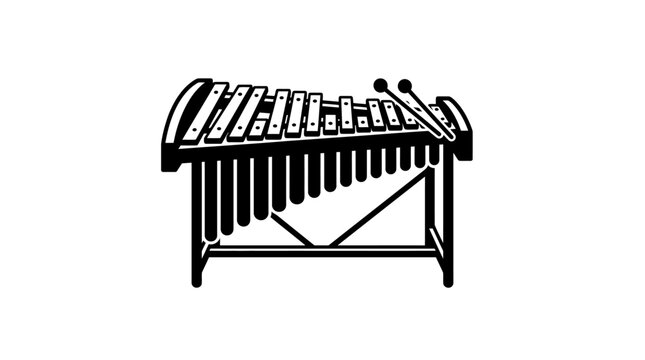 A black and white illustration of a xylophone with mallets.