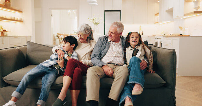 Smile, grandparents and relax in home with children, love and bonding together for weekend fun. Happy, senior people and laughing at house with kids, babysitting and family connection for childcare