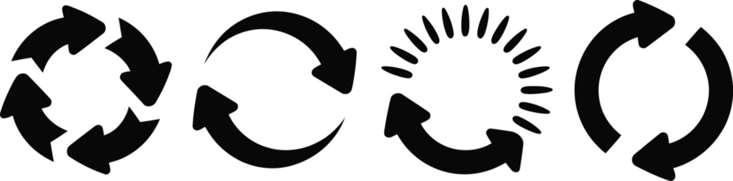 Circular arrow icon set featuring refresh, reload, sync, repeat, and update symbols in vector silhouette style.