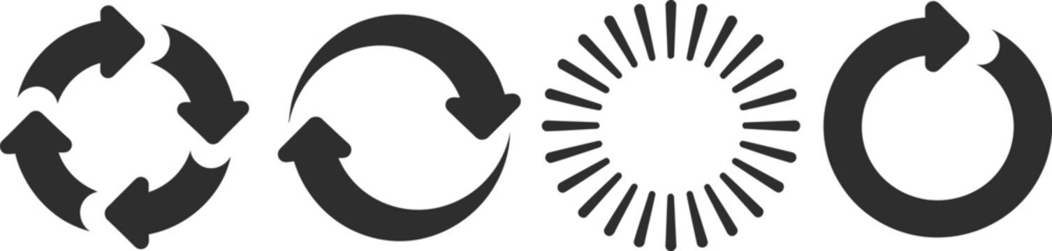 Circular arrow icon set featuring refresh, reload, sync, repeat, and update symbols in vector silhouette style.
