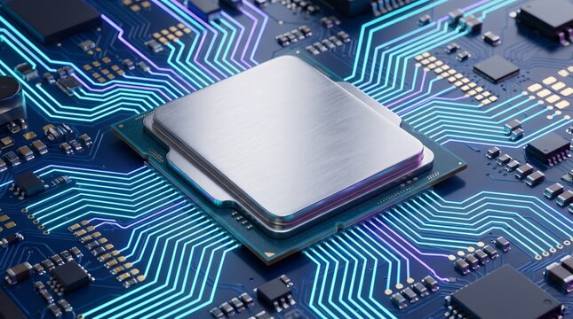 Computer processor chip on a blue motherboard circuit board