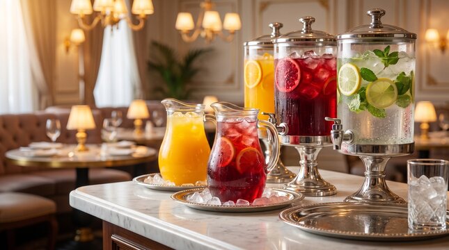 Fresh fruit juices and infused water in glass dispensers on a hotel breakfast buffet table