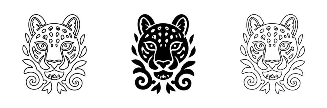 Stylized leopard head emblem with floral accents in three distinct icon styles