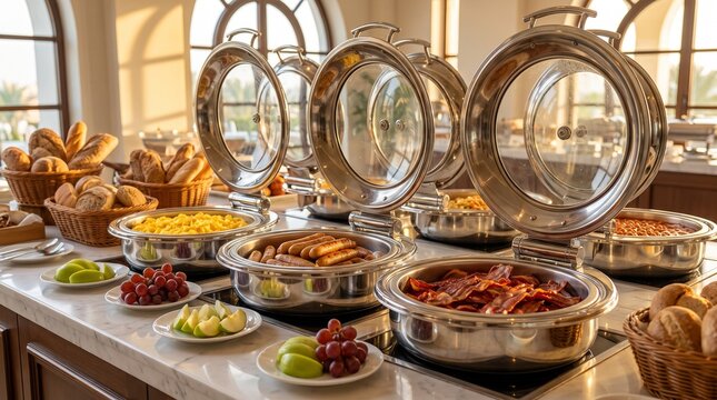 Luxury hotel buffet breakfast with warm food in metal chafing dishes on a long table
