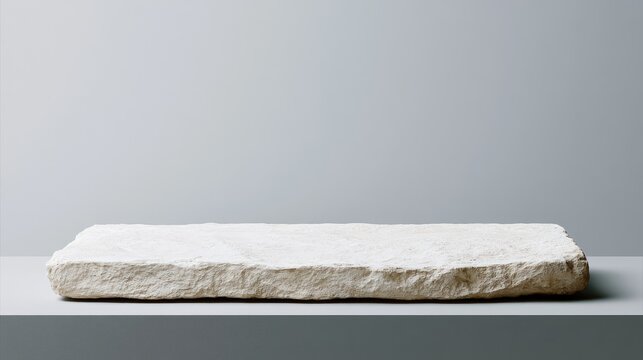 A rough-hewn, textured light-colored stone slab rests on a flat surface