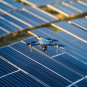 Drone capturing aerial footage above a solar panel field gathering information for sustainable energy initiatives