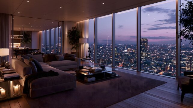 Luxury penthouse living room interior with floor-to-ceiling windows overlooking a night city skyline. Modern furniture, warm ambient lighting, and elegant decor create a sophisticated atmosphere.
