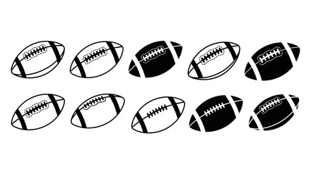 Fototapeta premium Collection of ten diverse American football ball icons showcasing both solid black and outlined vector silhouettes for sports branding and design projects
