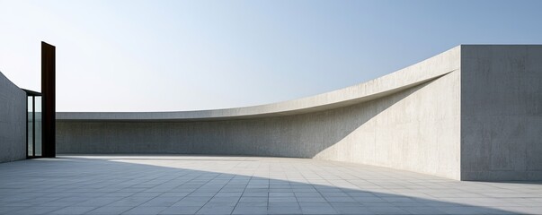 Fototapeta premium Minimalist courtyard with curved concrete wall and stone paving