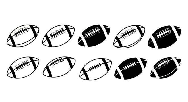 Collection of ten diverse American football ball icons showcasing both solid black and outlined vector silhouettes for sports branding and design projects