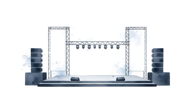 Watercolor illustration of a large outdoor event stage featuring metal trusses, professional lighting fixtures, line array speakers, and blank vertical banners on white background.