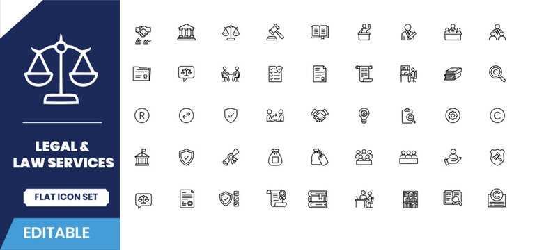 Legal and law services flat icon set