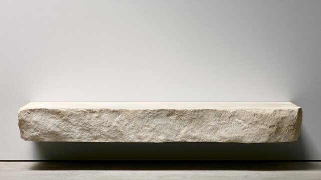 Rough-hewn stone shelf appears to float against a stark white wall
