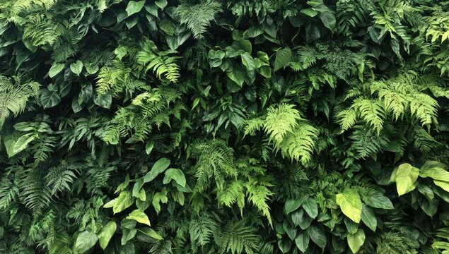 Lush green wall of varied foliage, creating a dense, textured natural backdrop