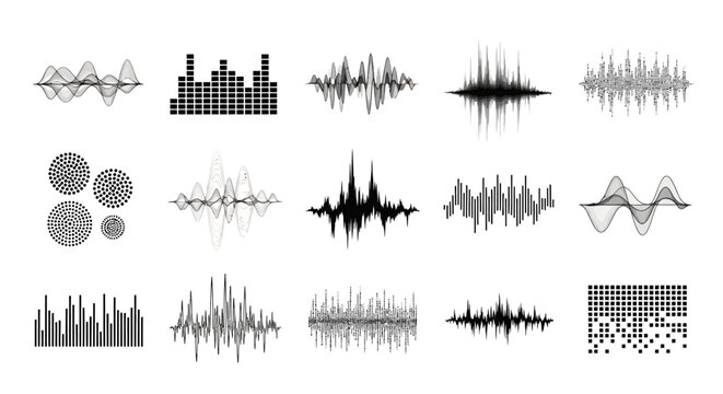 Sound wave icons, audio signal graphics, waveform symbols, sound pattern illustrations, vector sound effects