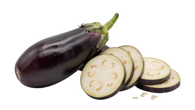 One whole dark purple eggplant placed next to several sliced round pieces and small seeds on a plain white background, view of vegetable