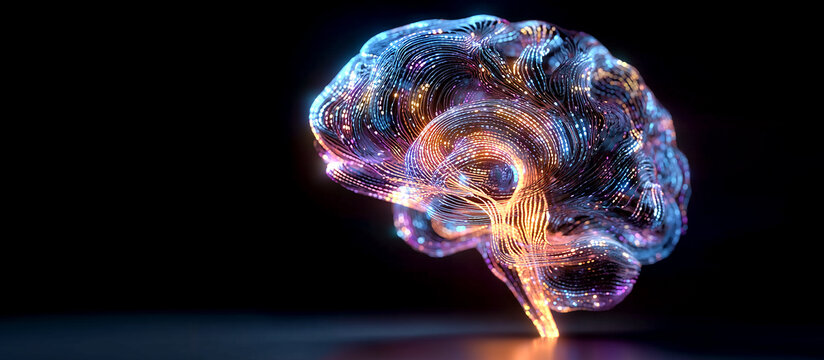 Futuristic Artificial Intelligence Concept with Glowing Human Brain Formed by Colorful Neon Light Strands Data Particles and Digital Waves on Black Background Banner