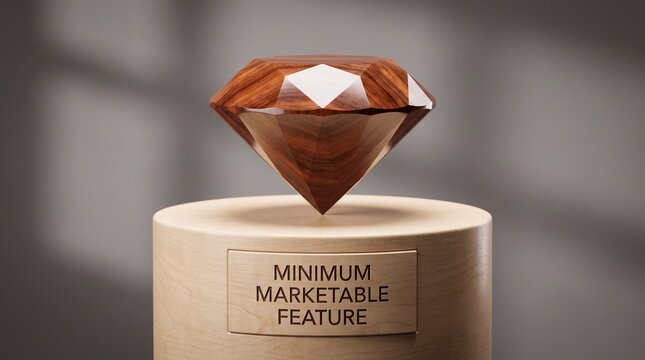 Wooden diamond floating above a pedestal with Minimum Marketable Feature text, representing the MMF business concept, 3D render