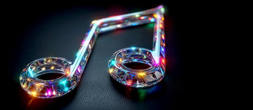 Luxury crystal music note with colorful rainbow reflections and sparkling diamonds on dark background