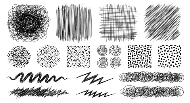20 Black and White Scribble Patterns, Hand-Drawn Textures, Doodle Backgrounds, Vector Illustration Elements
