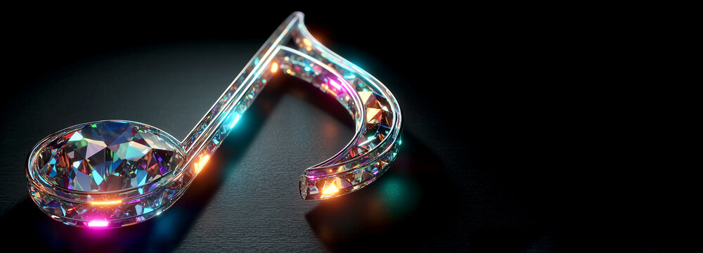 Luxury diamond music note symbol with colorful crystal reflections on dark background