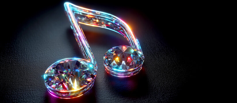 Luxury diamond music note symbol with glowing neon crystal reflections on dark background