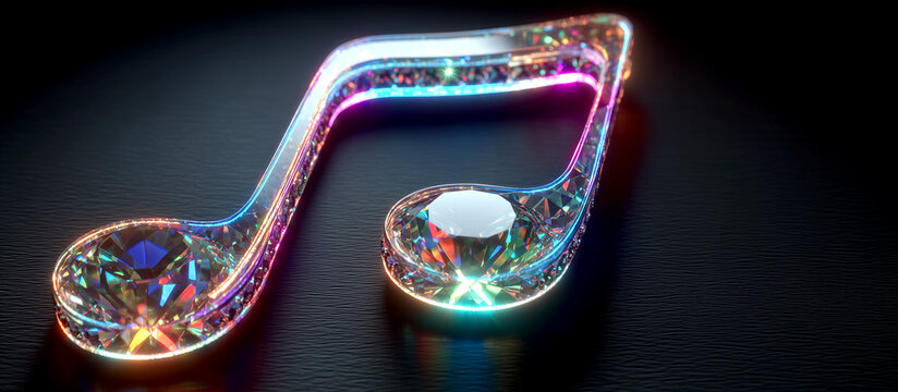 Luxury Musical Note Symbol Crafted from Sparkling Cut Diamonds and Glowing Neon Colorful Lights on Dark Textured Background Banner