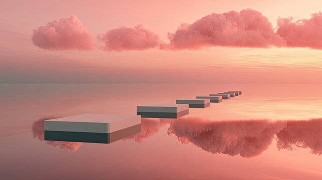 Serene sunset sky casts warm hues over tranquil water with floating stepping stones