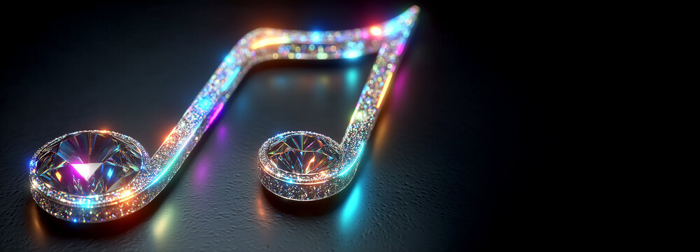 Luxury glittering diamond music note symbol with colorful sparkle reflections on dark background