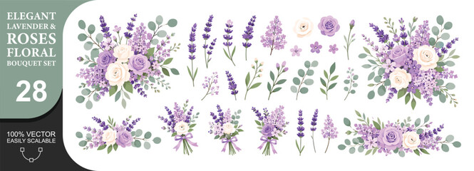 Elegant lavender and rose floral bouquet set with eucalyptus leaves. © PixiBoo Studio