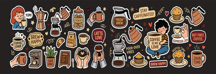 Cute hand drawn coffee shop, cafe elements and typography sticker pack illustration. © Itz Rakesh