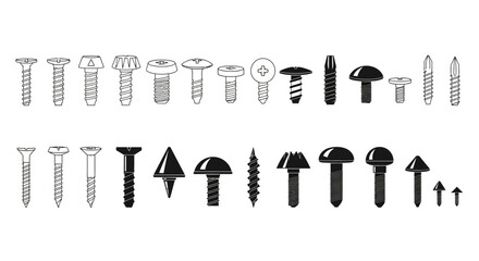 Screw icon set, black and white screw icons, 20 screw types, vector screw illustrations, hardware symbols © Mecklenburglaan
