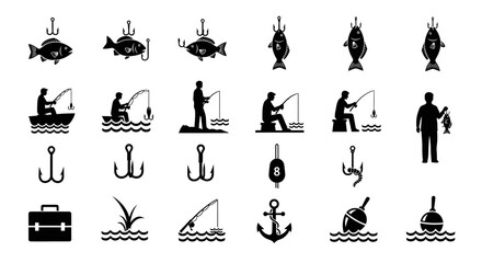 Fishing icons, black silhouette symbols, fishing tools, 25 vector graphics © Mecklenburglaan