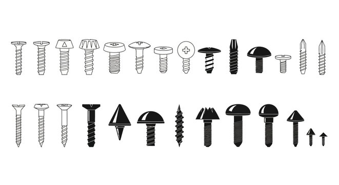 Screw icon set, black and white screw icons, 20 screw types, vector screw illustrations, hardware symbols