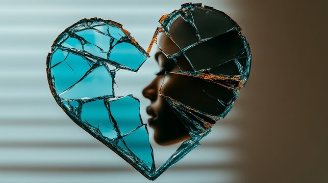 A broken heart, teal-colored, with a face partially visible in the shards, evokes a sense of fractured emotions and vulnerability.  The shattered pieces symbolize a deep emotional wound