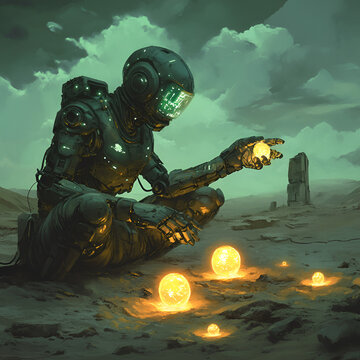 A futuristic robot explores a desert scene while investigating luminous orbs beneath striking cloud formations
