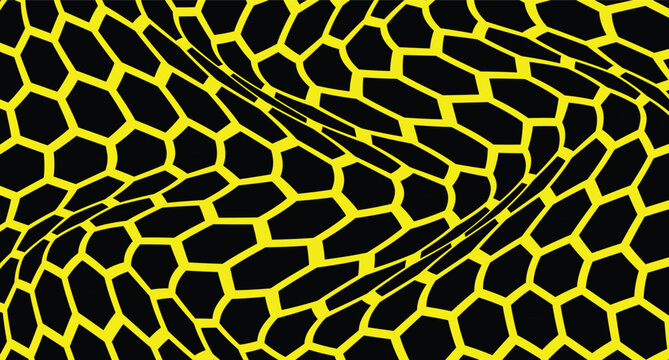 Seamless geometric honeycomb and leopard skin texture background with hexagonal cells, abstract yellow bee hive pattern, metallic 3D structure illustration design wallpaper