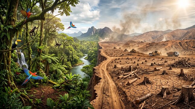 A dramatic split-scene illustrating the stark contrast between a thriving tropical rainforest rich in biodiversity and a devastated deforested landscape. The left side features lush jungle vegetation,