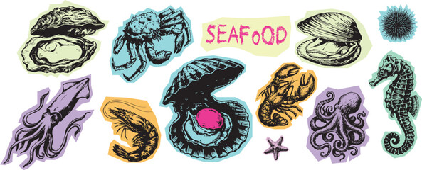 Set of hand-drawn seafood clipart featuring marine animals shellfish and crustaceans for summer menu design shellfish crustaceans collection illustration seahorse starfish isolated © DewiNurina
