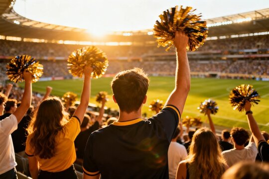 Fans cheering with pom-poms at stadium game