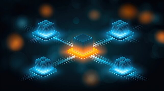 Centralized hub connected to distributed nodes, glowing with digital energy