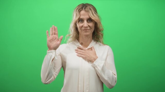 Woman with right hand raised and left hand on chest wearing white blouse in studio green screen; sincere pledge commitment.