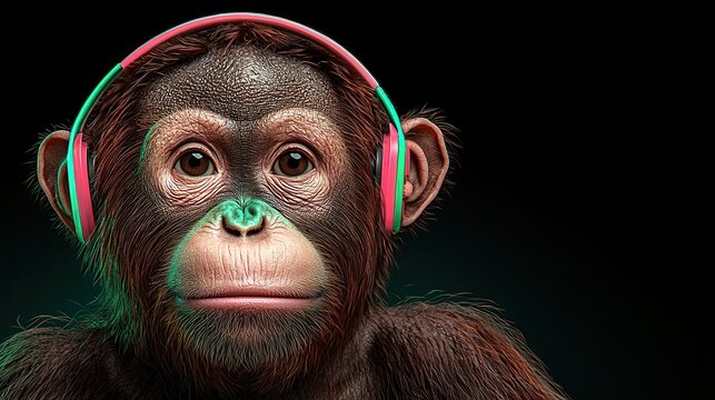 Pointillist Chimpanzee Portrait with Pink Headphones