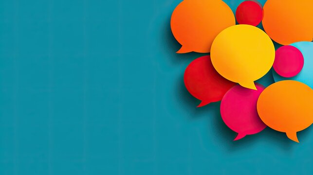 Colorful speech bubbles scattered on a teal textured background