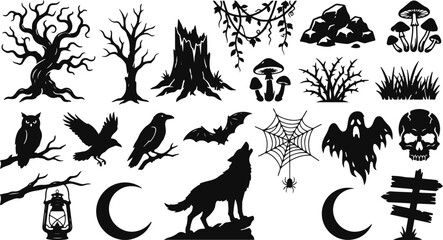 Happy halloween vector elements spooky forest wolves ravens and creepy tombstones for designs © Mafroza Ali Nima