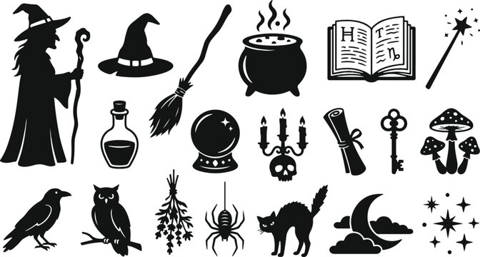 Happy halloween icons black silhouettes for spooky decorations and designs