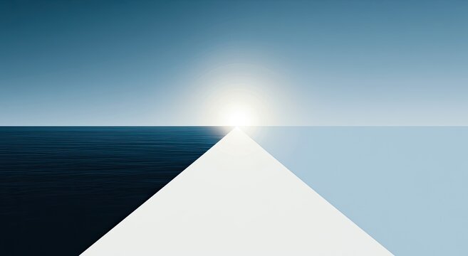 Geometric division of ocean and sky meeting a bright, diffused sun